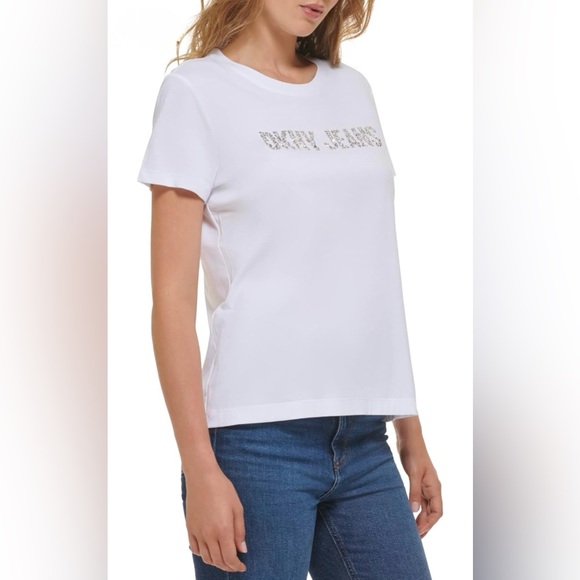 DKNY White Short Sleeve Shirt W/DKNY Logo In Silver Rhinestones, Size Large, NWT - Picture 5 of 16